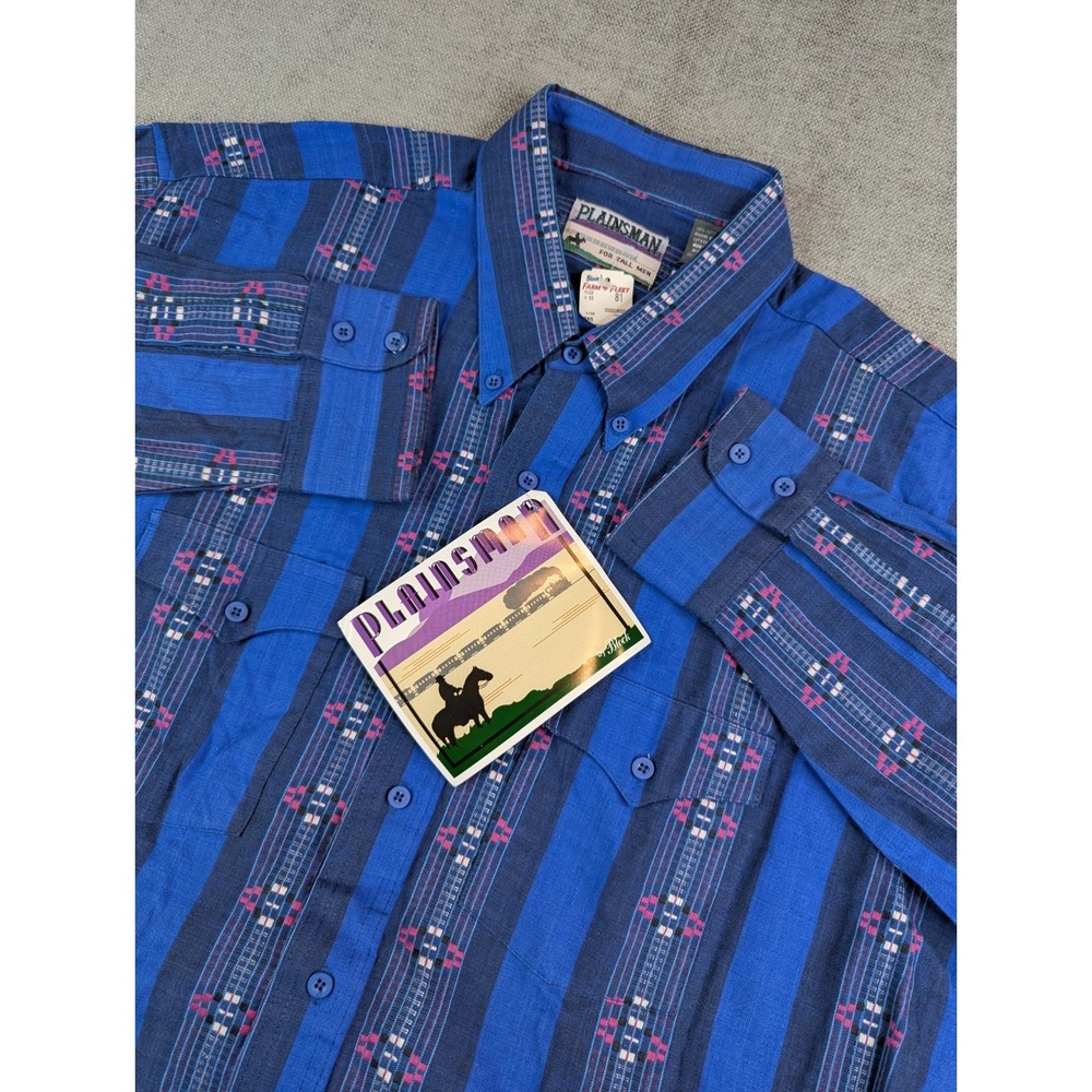 NWT Plainsman Shirt Mens XLT Blue Western Aztec Embroidered Long Button Vintage